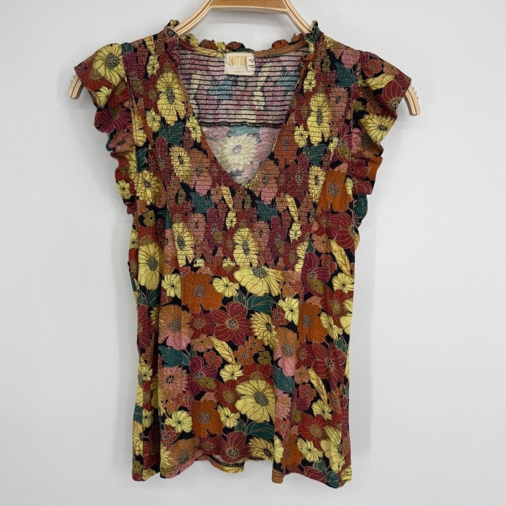 Nation LTD Habiba Tank Top Medium Ruffle Sleeve Smocked Floral Boho Cottagecore - Picture 4 of 10